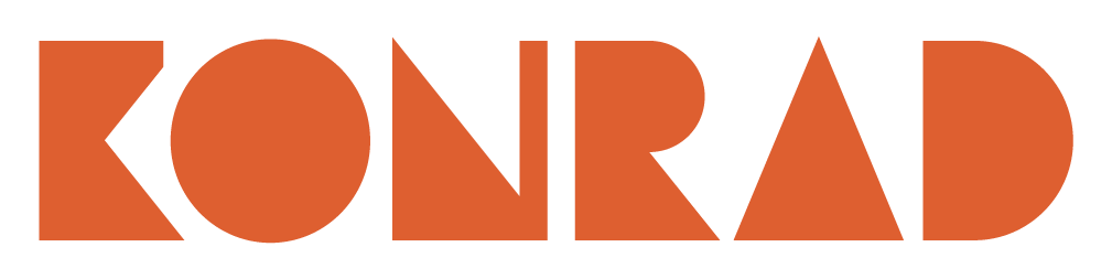 The word KONRAD is displayed in all capital letters using a bold, geometric, and modern orange font on a light gray background.