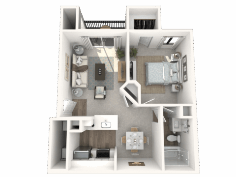 3D floor plan of a one-bedroom apartment featuring a living room, balcony, kitchen, dining area, bathroom, bedroom, and laundry space. Modern furniture and decor are arranged throughout the rooms.