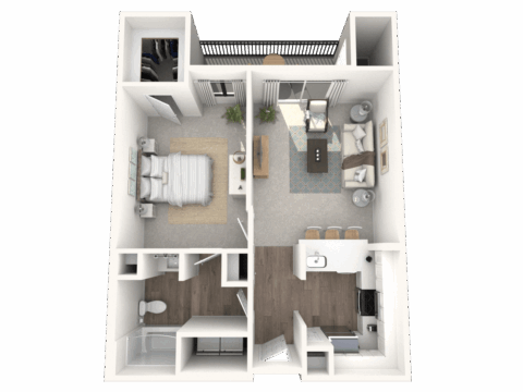 3D floor plan of a one-bedroom apartment featuring a bedroom, bathroom, kitchen with bar seating, open living area, small dining space, balcony, and a walk-in closet, all decorated in neutral tones.