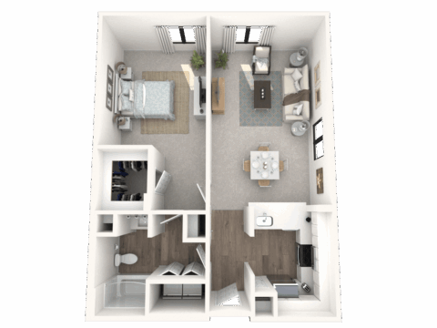3D floor plan of a one-bedroom apartment with a bedroom, bathroom, walk-in closet, kitchen, dining area, and living room. Neutral colors and modern furnishings throughout.
