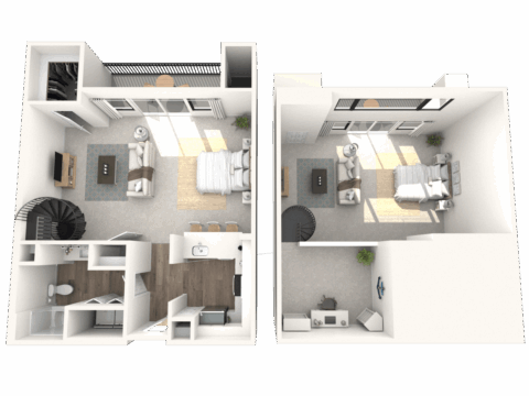 A 3D floor plan of a two-story apartment with an open living area, kitchen, bathroom, and spiral staircase on the first floor, and a bedroom, sitting area, bathroom, and balcony on the second floor.