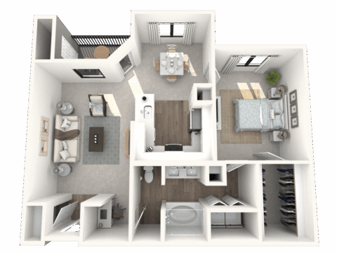 3D floor plan of a one-bedroom apartment with a living room, dining area, kitchen, bathroom, laundry room, spacious bedroom, walk-in closet, and a balcony. Neutral decor and large windows provide natural light.