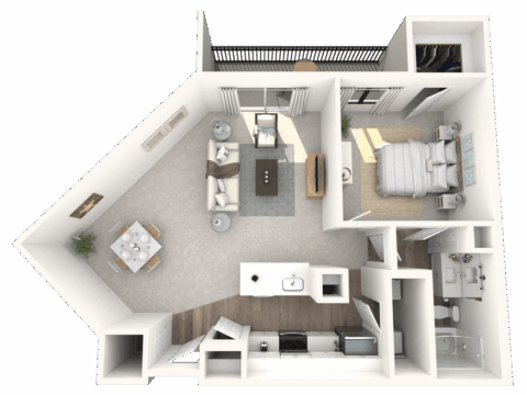 3D floor plan of a modern one-bedroom apartment with an open living area, dining table, kitchen, large bedroom, bathroom, and a balcony. Neutral colors and contemporary furnishings are used throughout the space.