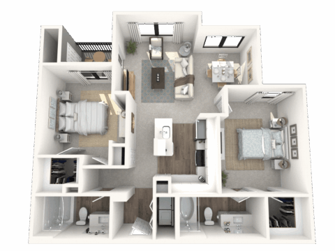3D floor plan of a two-bedroom, two-bathroom apartment with a living room, kitchen, dining area, two closets, and multiple windows. Both bedrooms have attached bathrooms and walk-in closets.