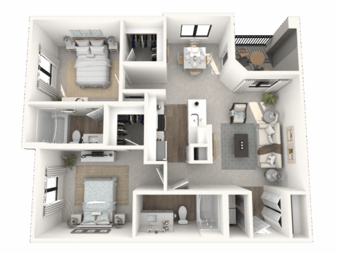 3D floor plan of a two-bedroom, two-bathroom apartment featuring a living room, kitchen, dining area, two closets, and a balcony. Bedrooms and bathrooms are located on opposite sides of the living space.
