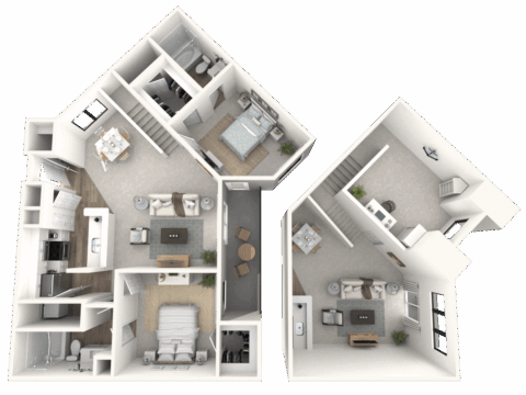 3D floor plan of a two-story apartment featuring two bedrooms, two bathrooms, a kitchen, dining area, living room, laundry, and two staircases; upstairs includes a loft space with a seating area and office desk.