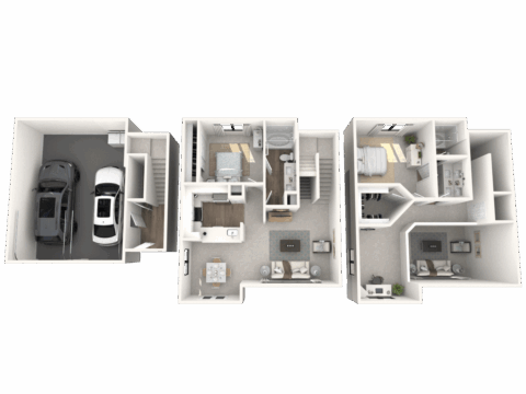 3D floor plan of a modern two-story home with a two-car garage, kitchen, dining and living areas, two bedrooms, two bathrooms, a laundry room, and an office space, all furnished in a neutral color palette.