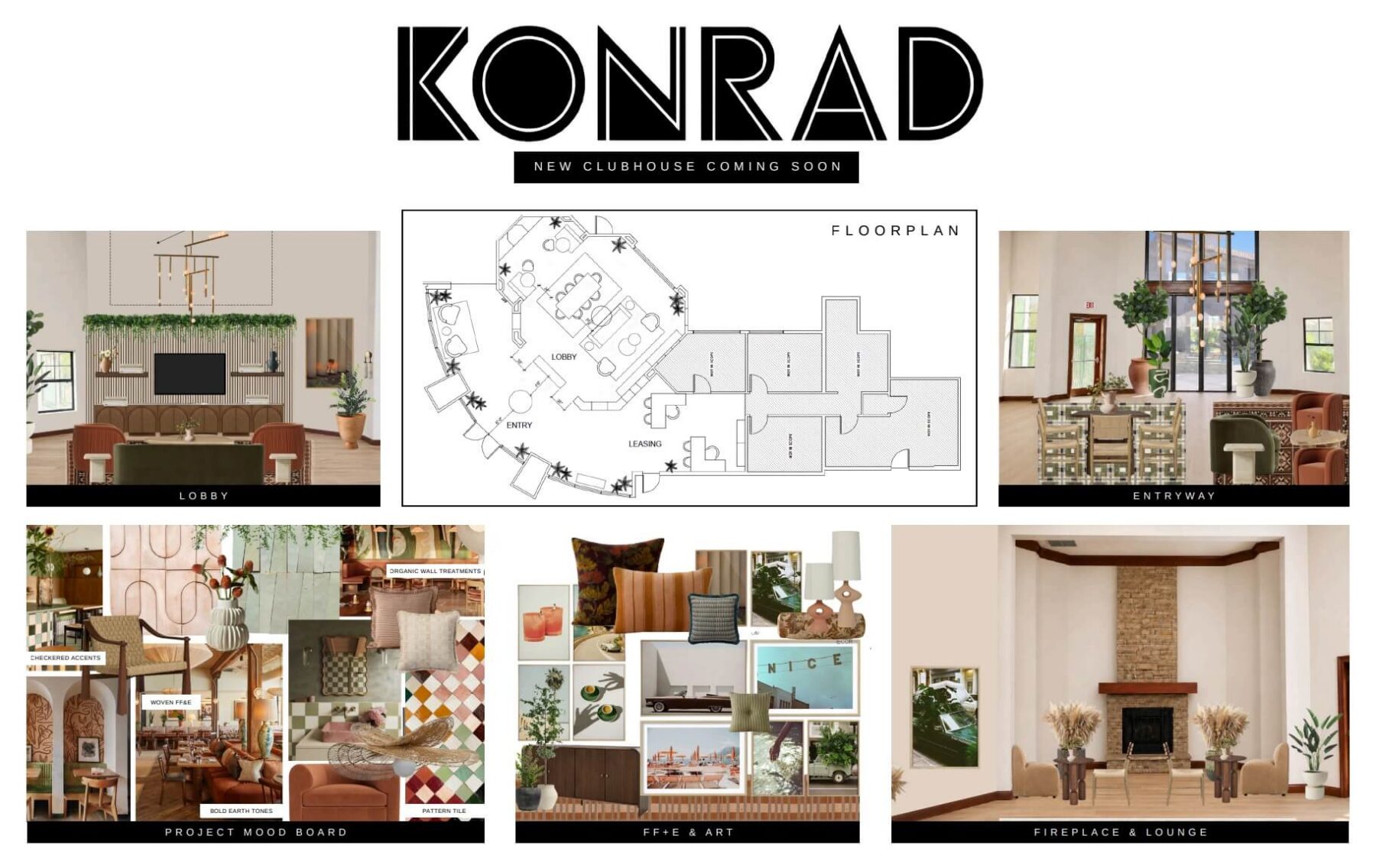 Collage for Konrad’s new clubhouse, showing a floor plan and images of lobby, entryway, a mood board, decorative art, and a fireplace lounge; each section displays furniture, decor, and color schemes.
